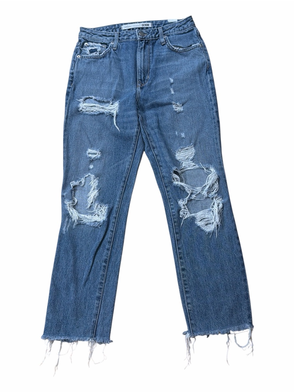 Lovers + Friends Distressed Straight Leg Raw Hem Jeans Medium Wash